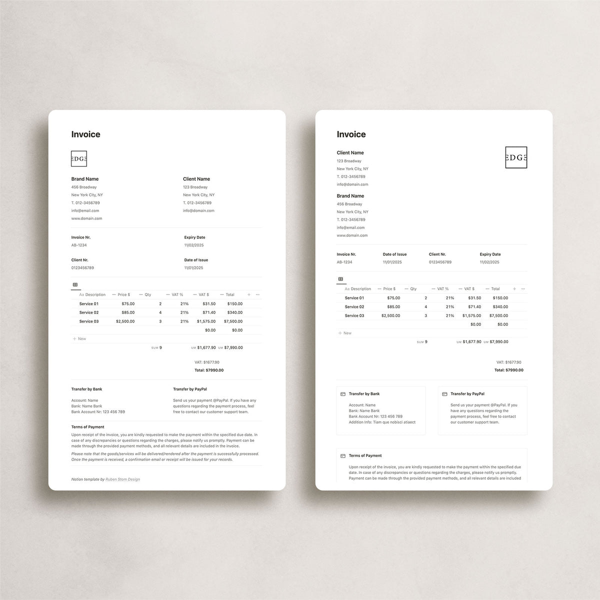 Notion Invoice Templates – Ruben Stom Design